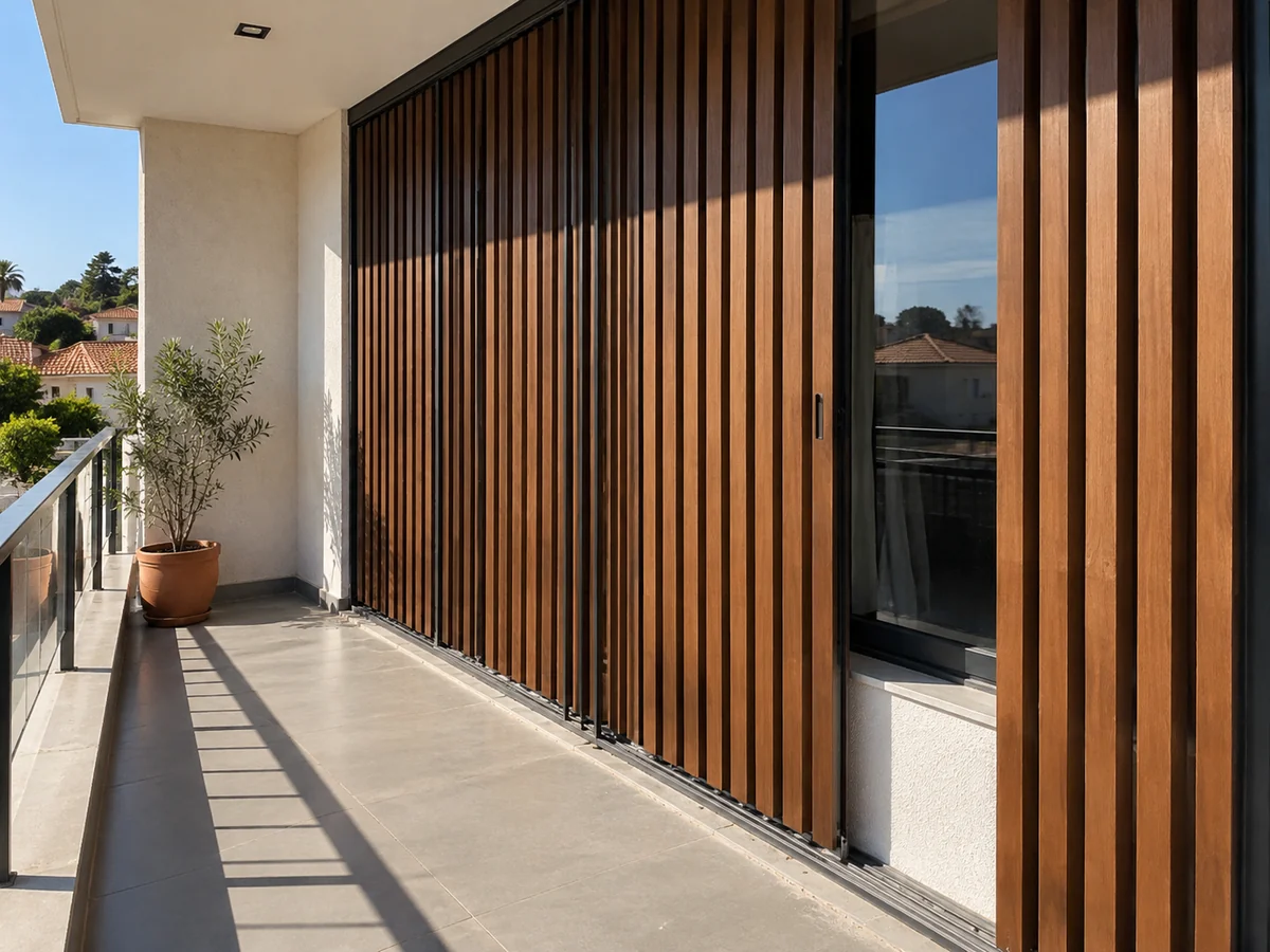 Inspiração de brises verticais amadeirados criando sombras sobre uma varanda contemporânea